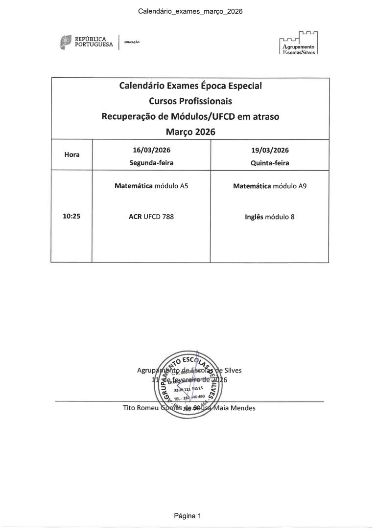 Calendário Exames Época Especial